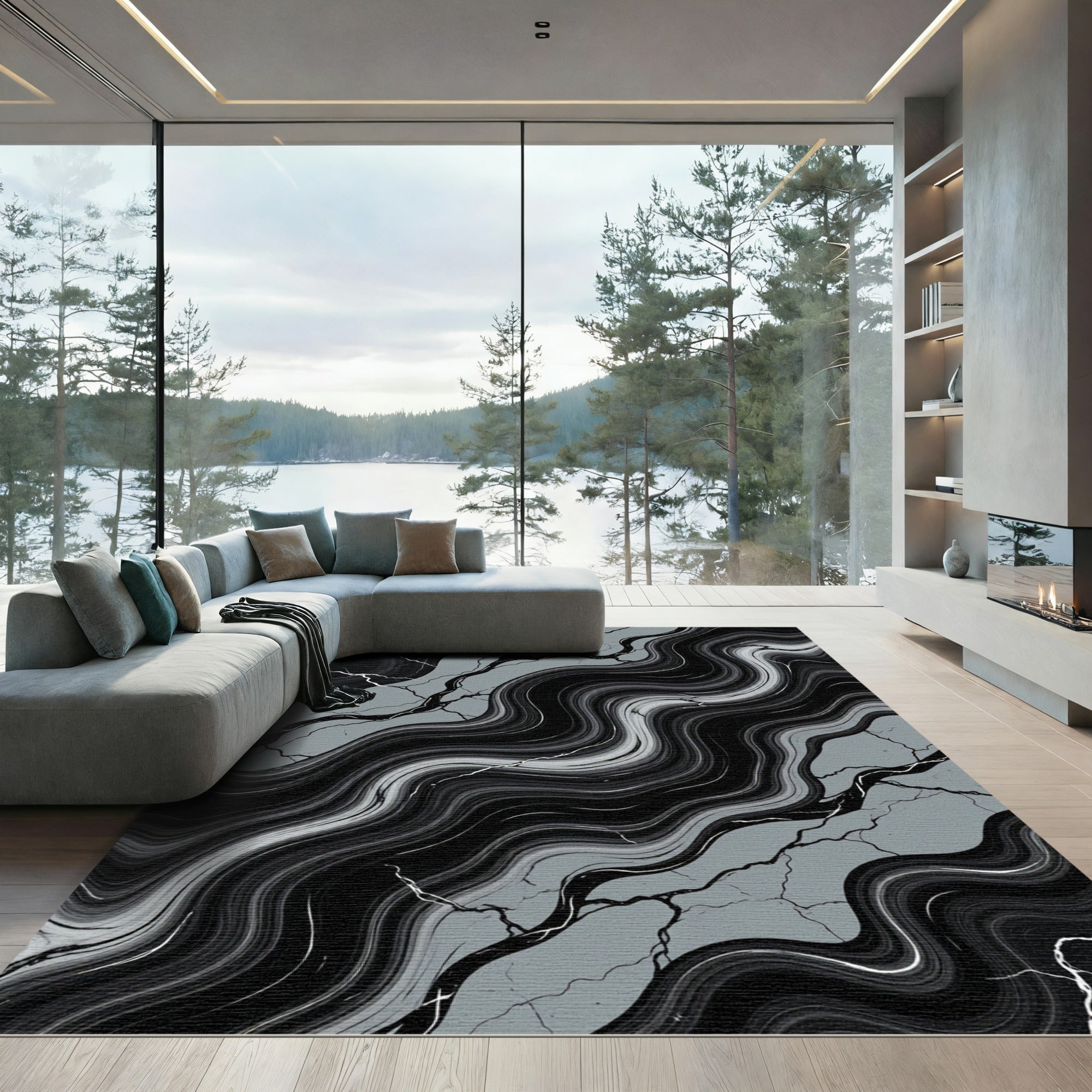 Black Gray Marble Swirl Abstract Rug