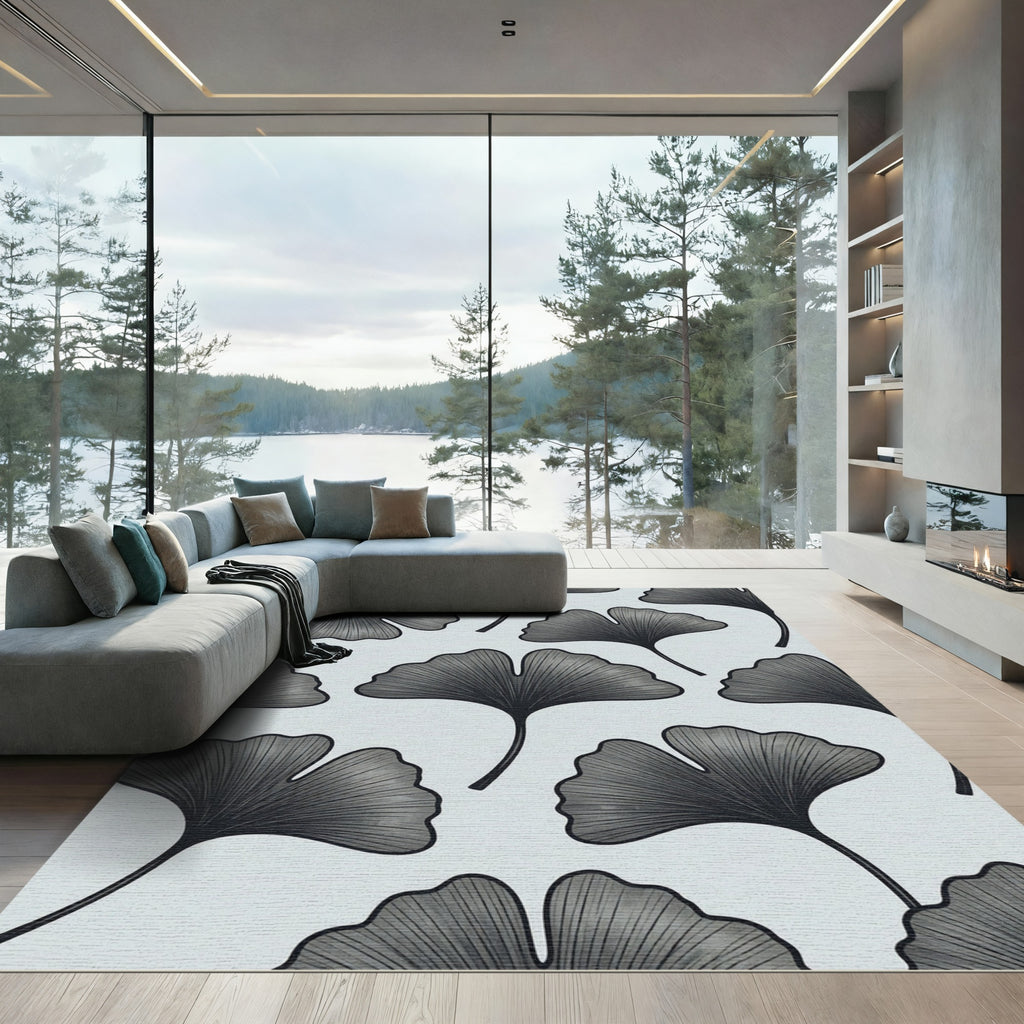 Dark Ginkgo Leaves Silhouette Rug