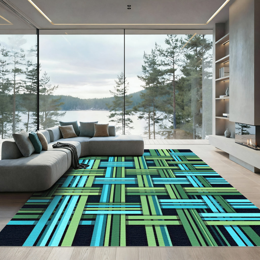 Woven Blue and Green Linear Grid Rug