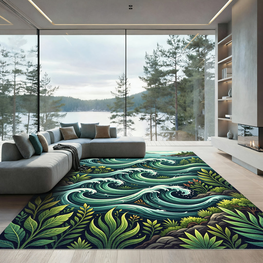 Emerald Lush Wave Ocean Foliage Rug