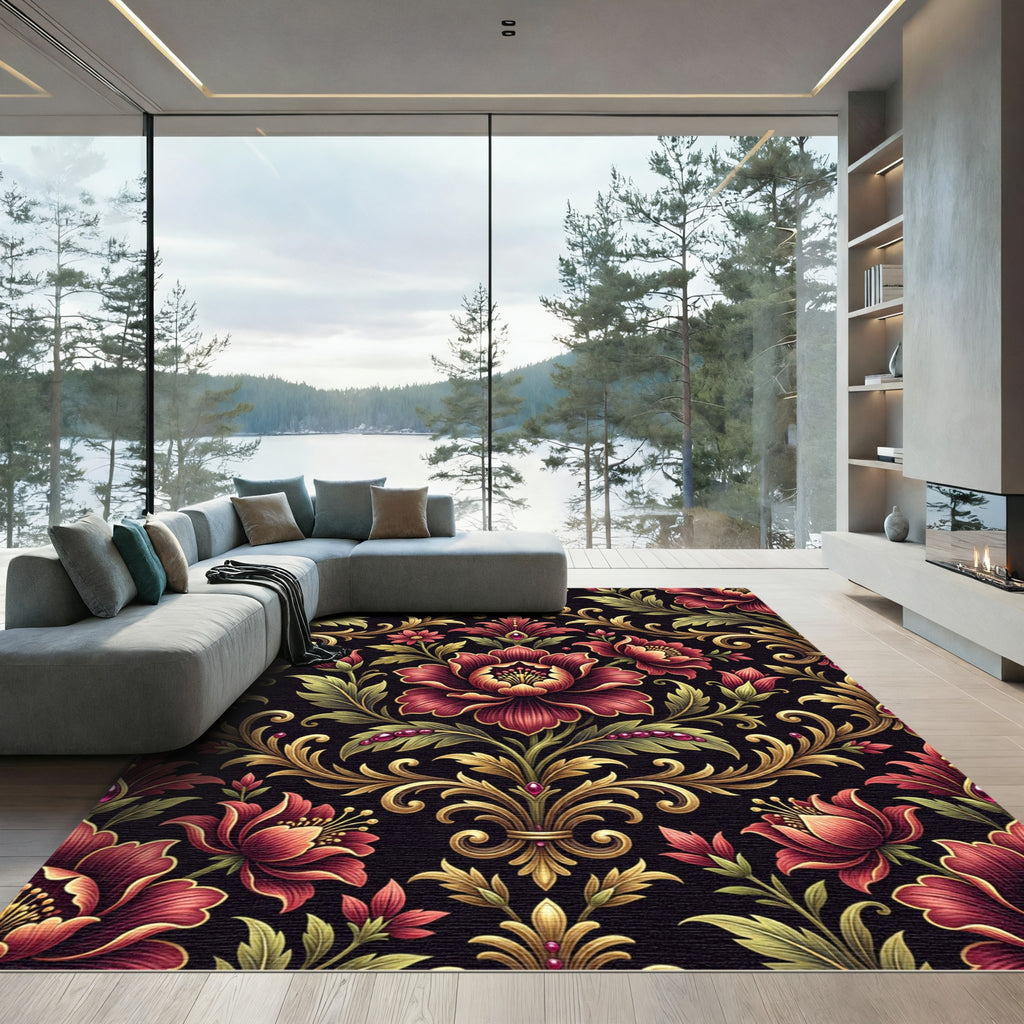 Rich Burgundy Floral Gold Damask Rug