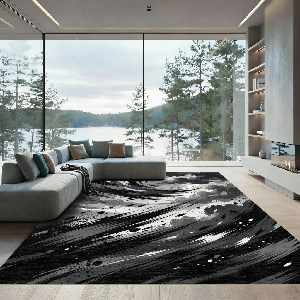 Monochromatic Ink Swirl Abstract Rug
