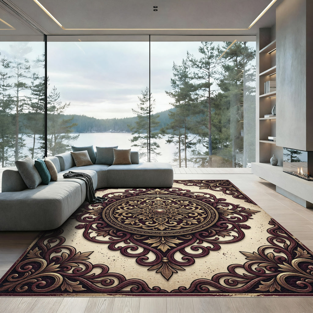 Ornate Crimson Gold Medallion Rug