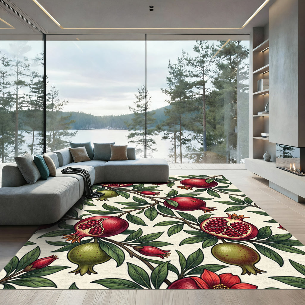 Botanical Crimson Pomegranate Branch Illustration Rug