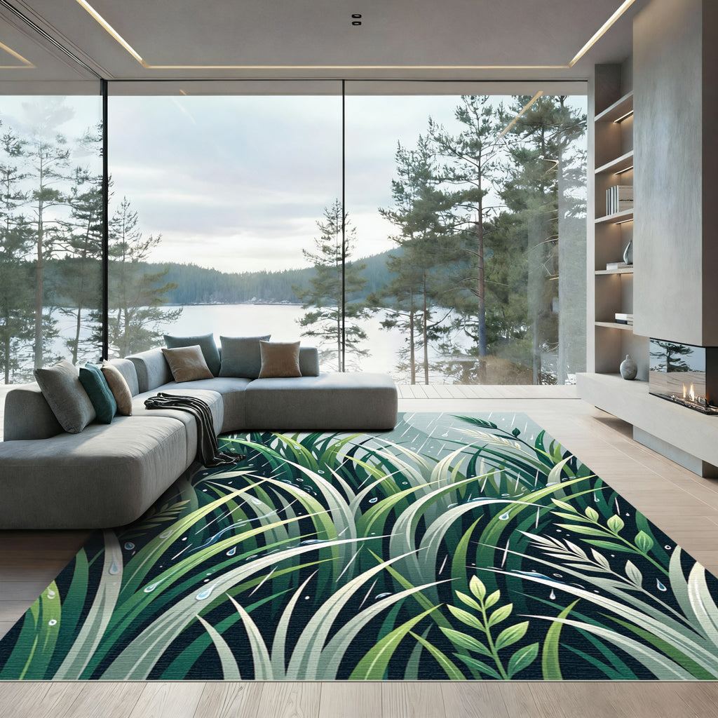 Lush Green Botanical Rainforest Foliage Rug