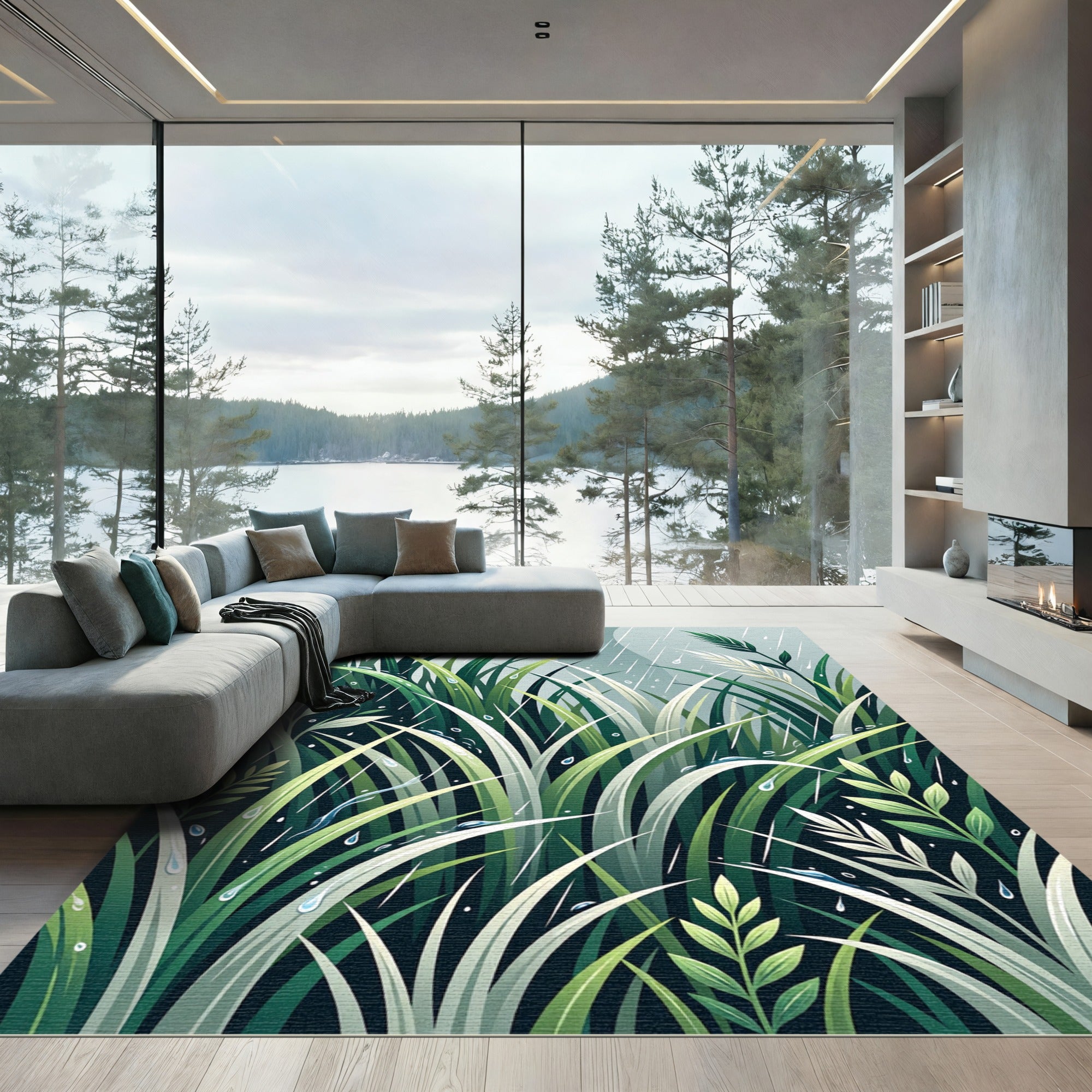 Lush Green Botanical Rainforest Foliage Rug