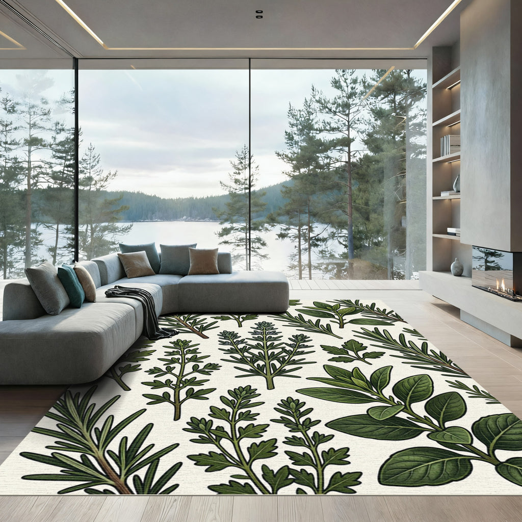 Green Herb Botanical Sprig Collage Rug