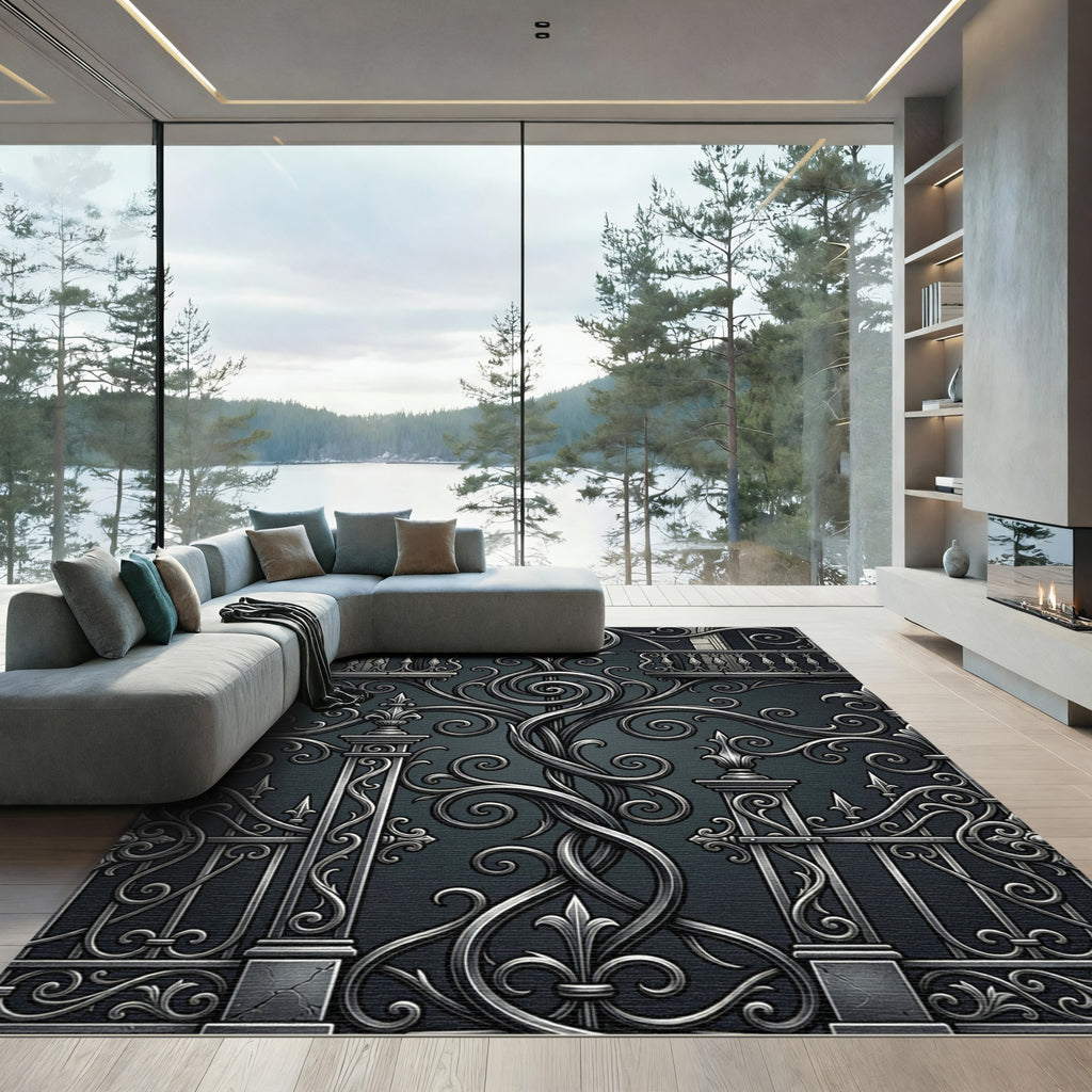 Ornate Silver Scroll Gate Design Rug