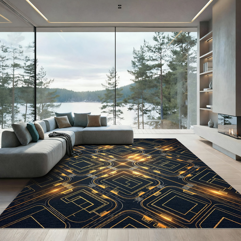 Golden Geometric Circuit Board Rug
