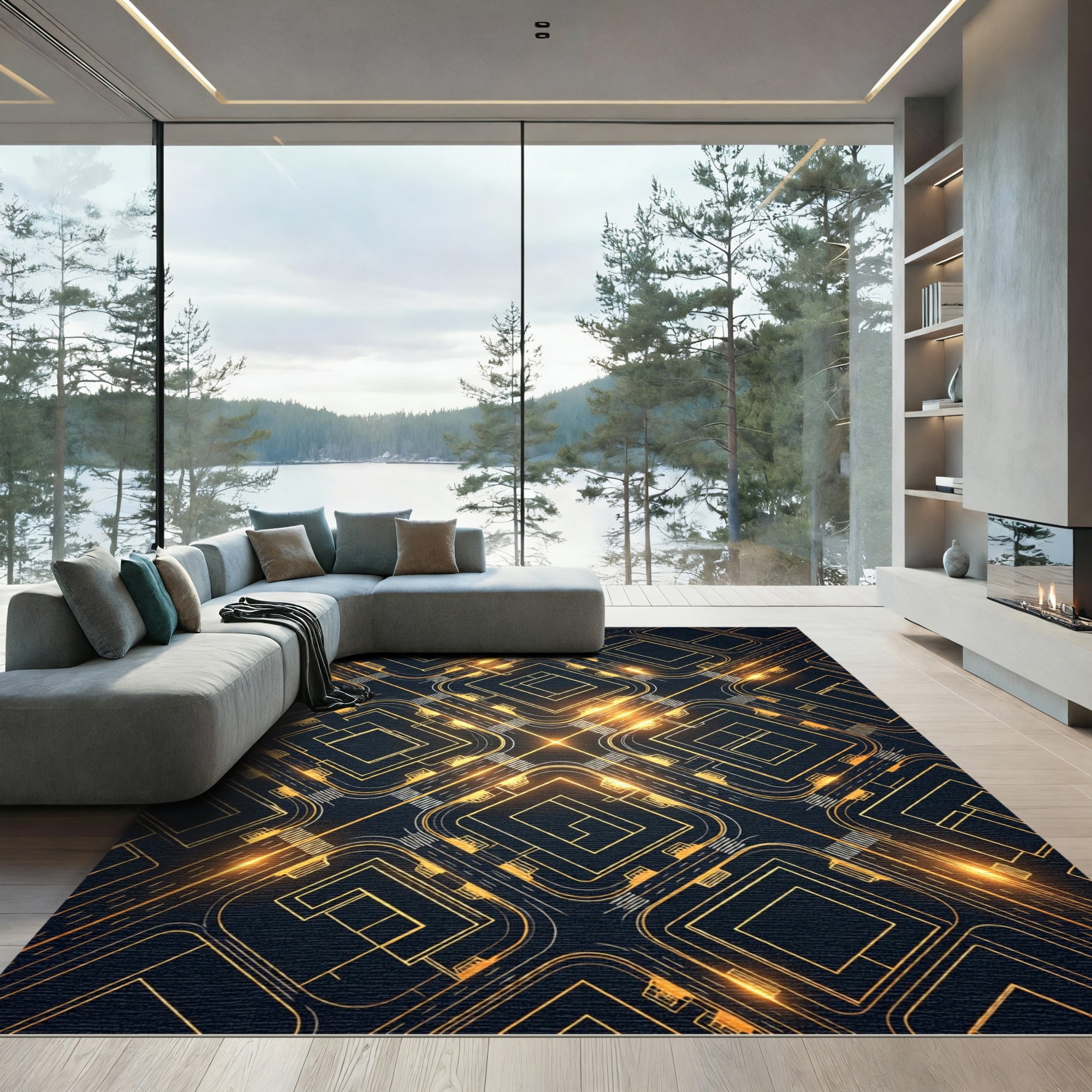 Golden Geometric Circuit Board Rug