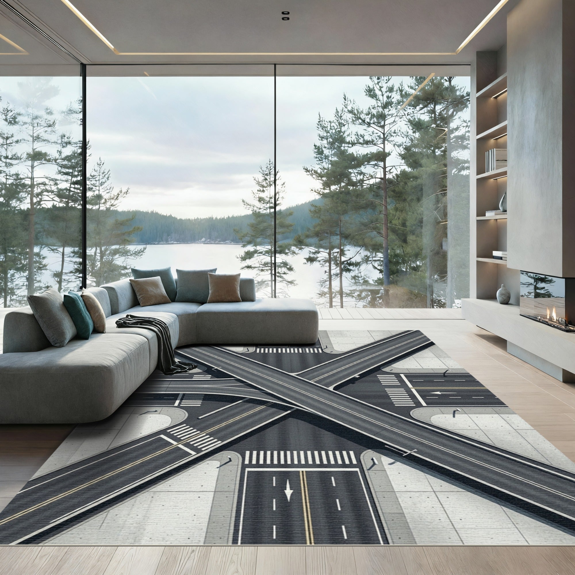 Gray Urban Road Intersection Rug