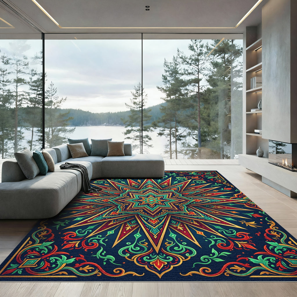 Radiant Star Medallion Teal Gold Tapestry Rug