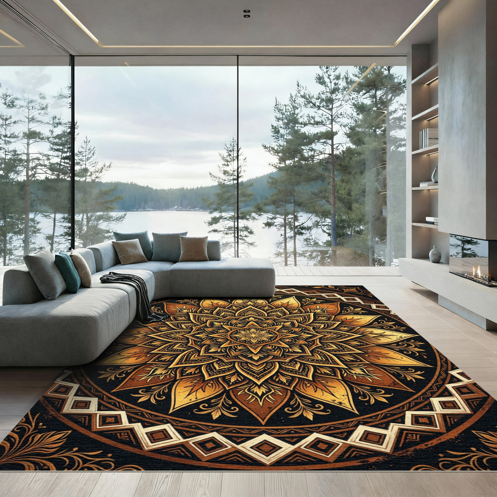Golden Mandala Flourish Circular Medallion Rug