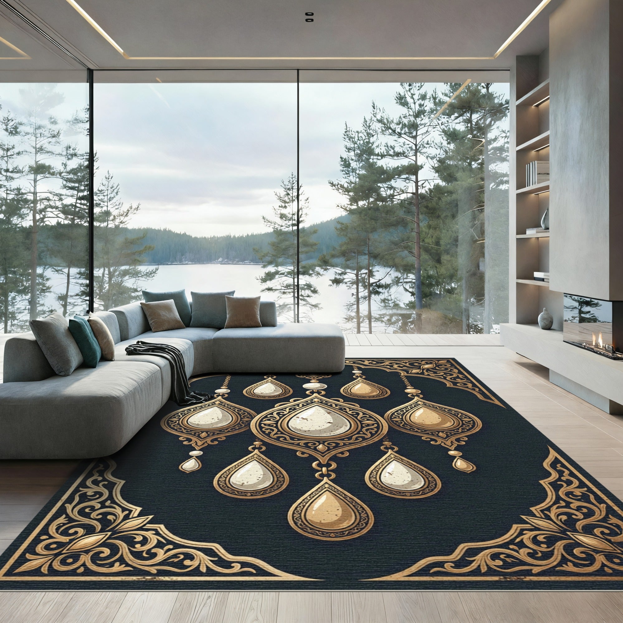 Golden Ornate Teardrop Chandelier Rug