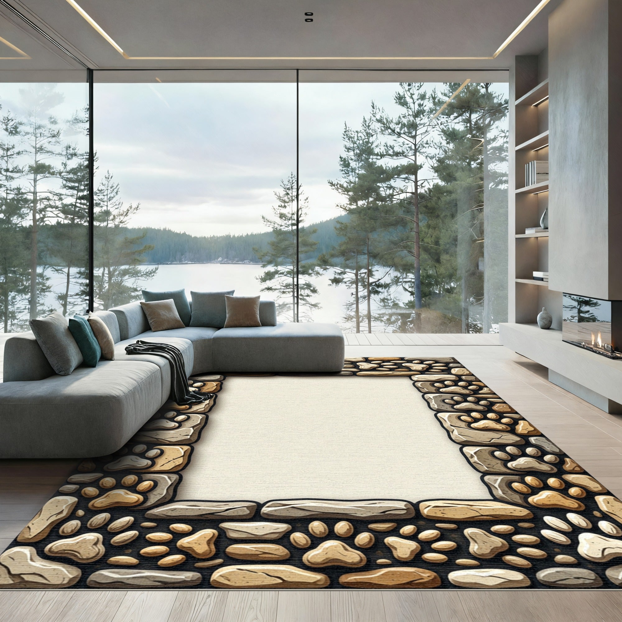 Neutral Stone Frame with Paw Prints Rug