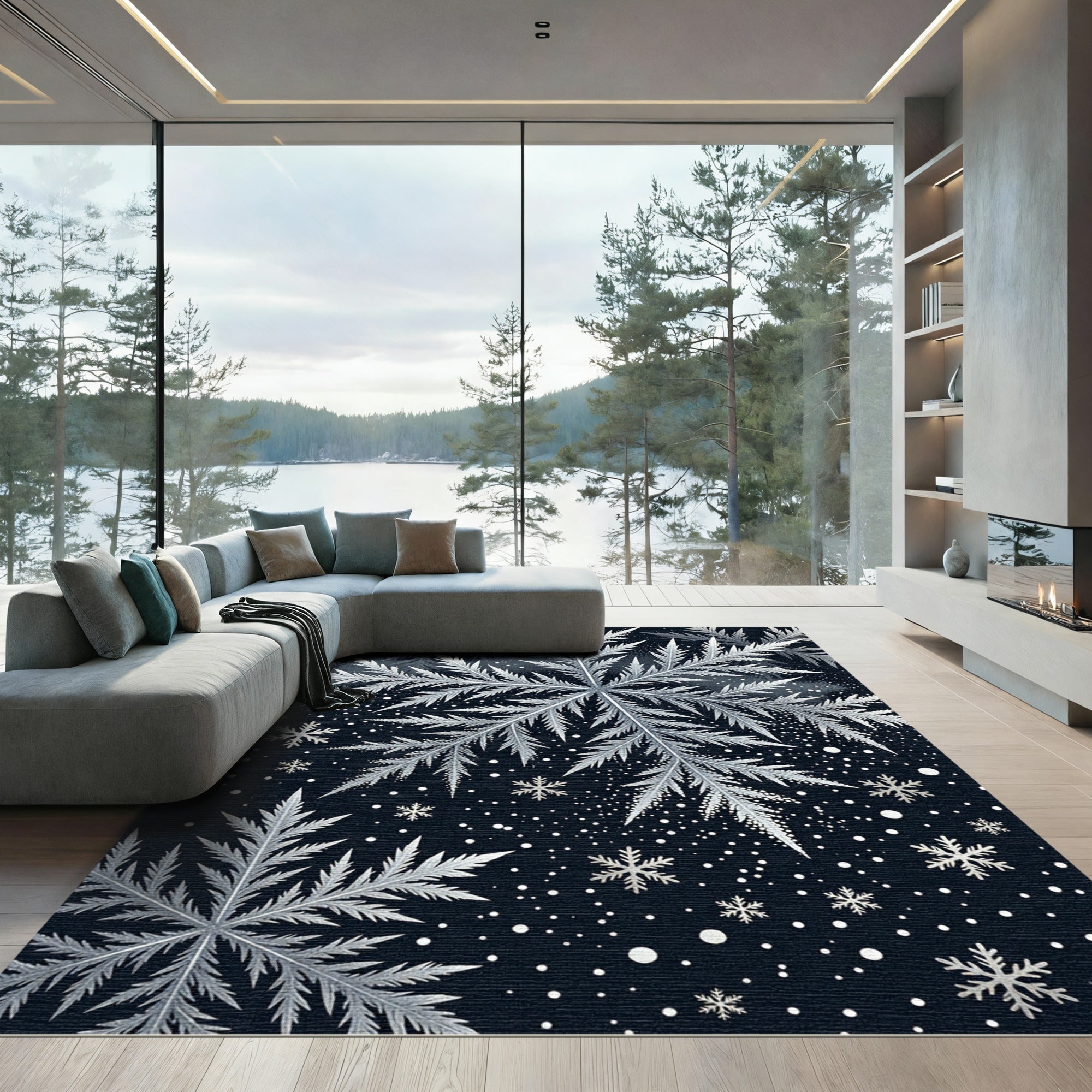 Ethereal Silver Snowflake Winter Sky Rug