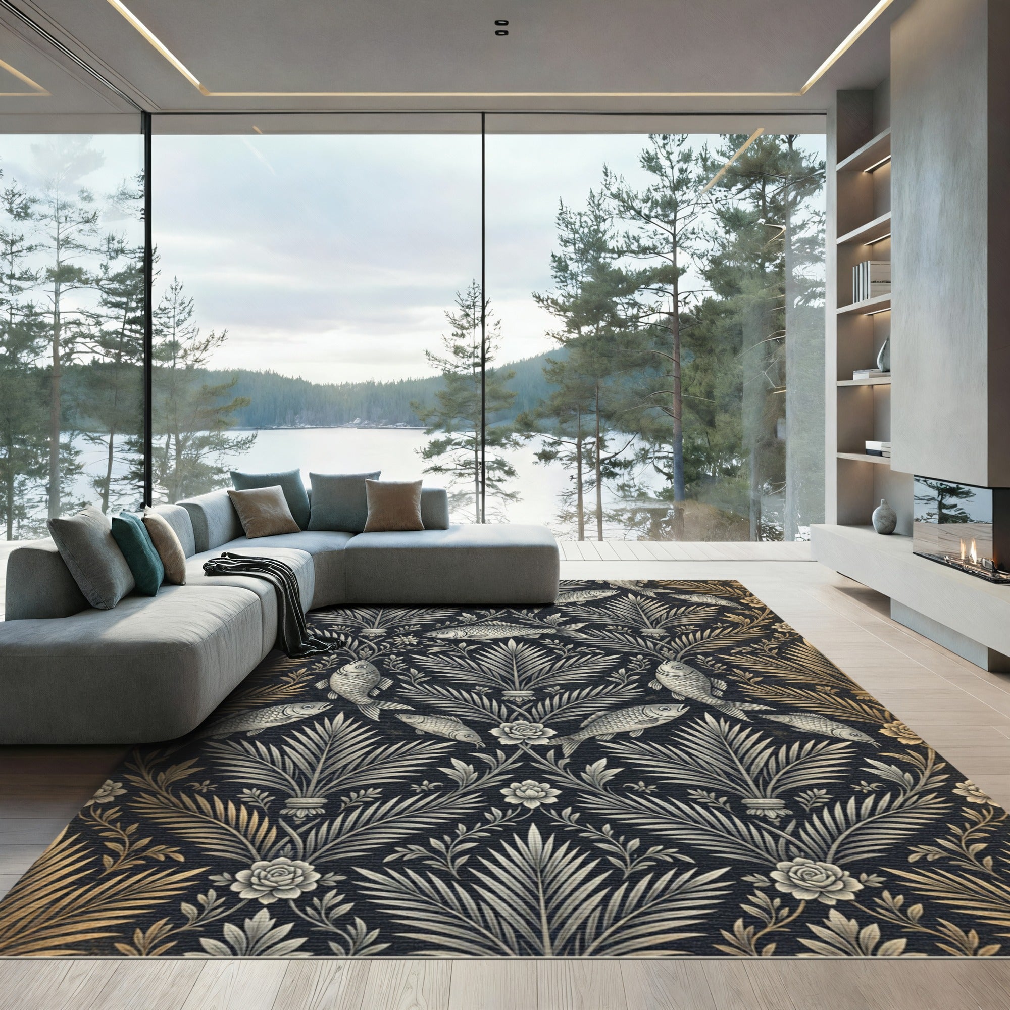 Golden Fish and Botanical Scroll Tapestry Rug