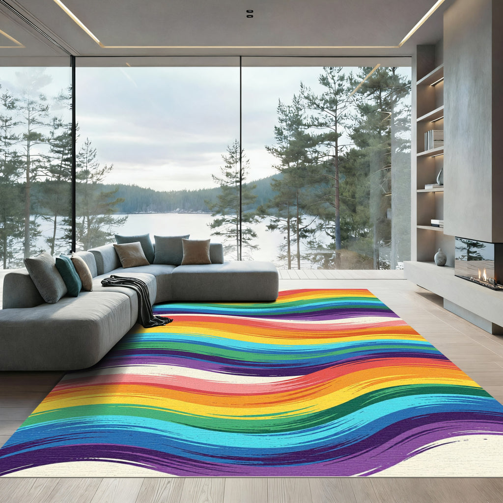 Vibrant Rainbow Wavy Brush Stroke Rug