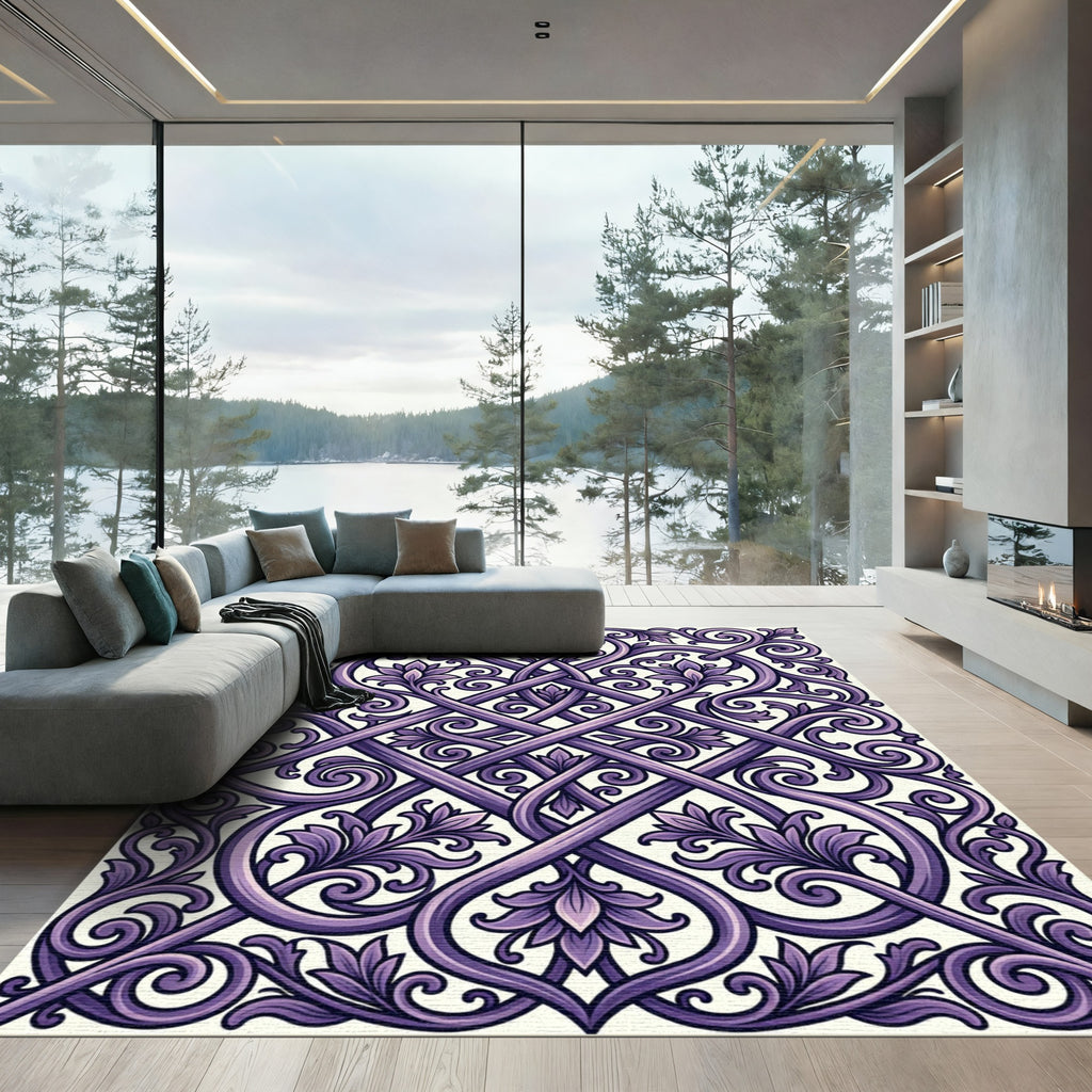 Royal Purple Ornate Scroll Lattice Rug