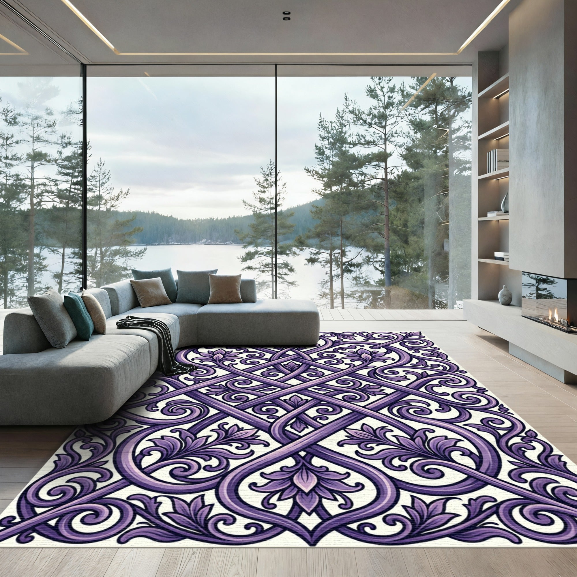 Royal Purple Ornate Scroll Lattice Rug