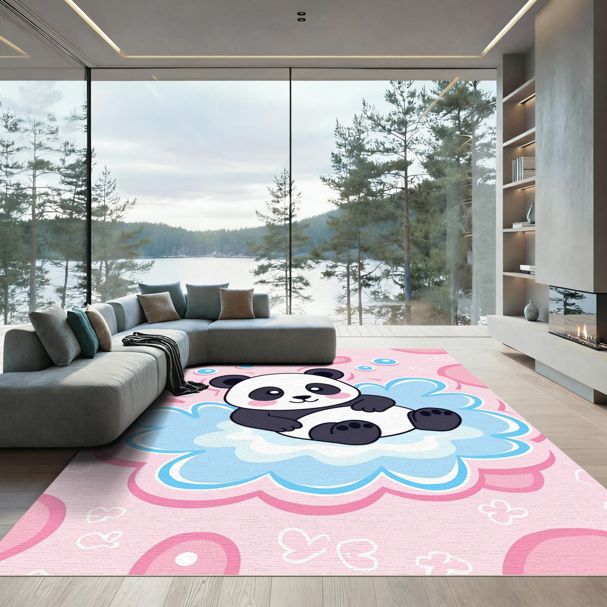 Cute Panda Cloud Whimsical Pink Rug