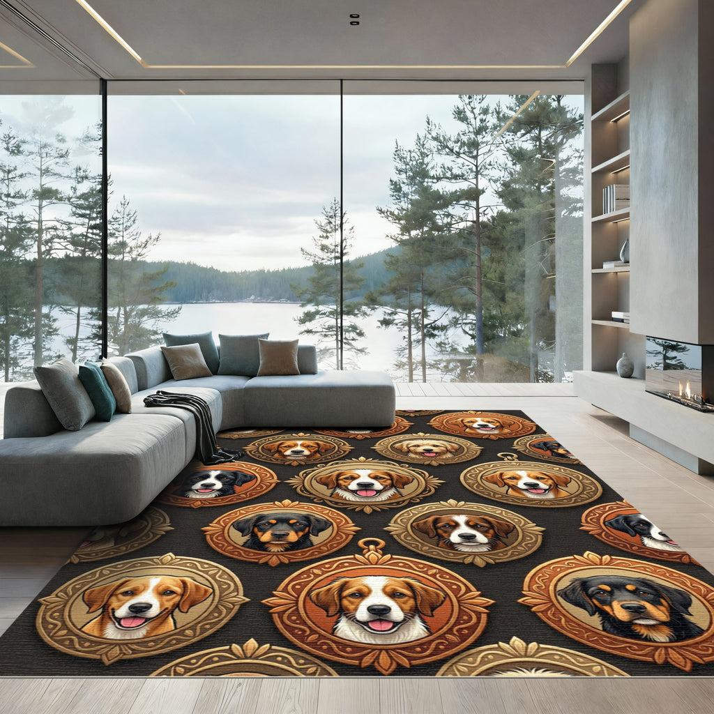 Vintage Gold Framed Canine Portrait Mosaic Rug