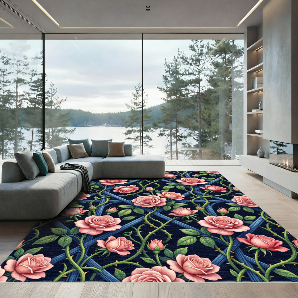 Romantic Pink Rose Trellis Floral Rug