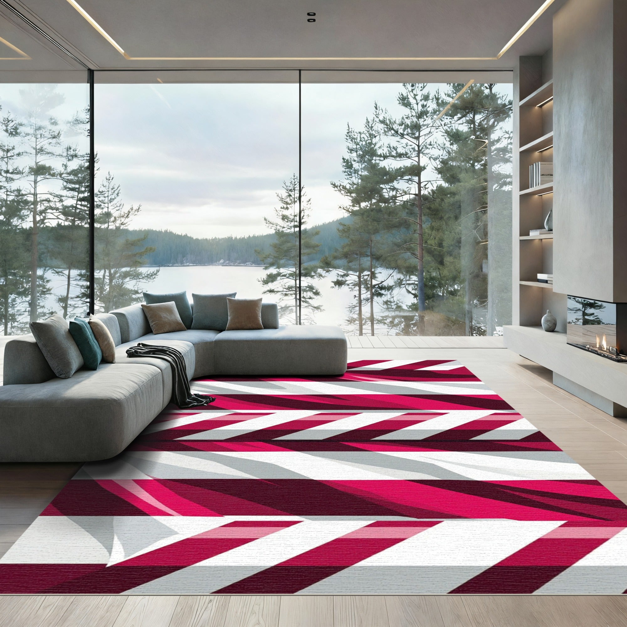 Crimson White Abstract Stripe Rug