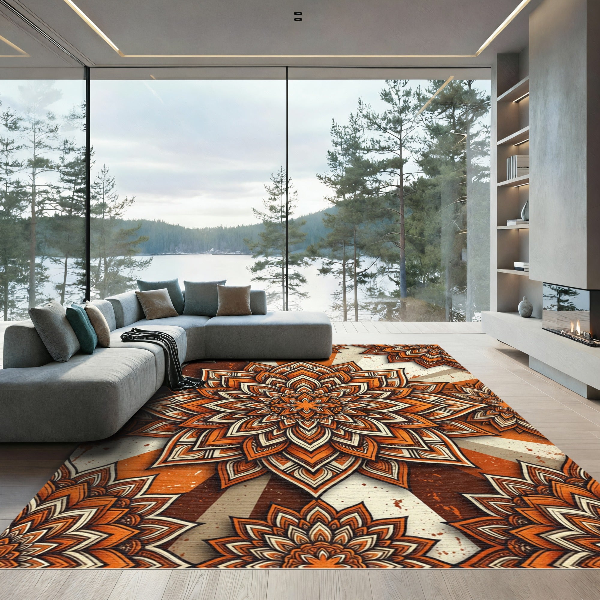 Ornate Burnt Orange Sunburst Mandala Rug