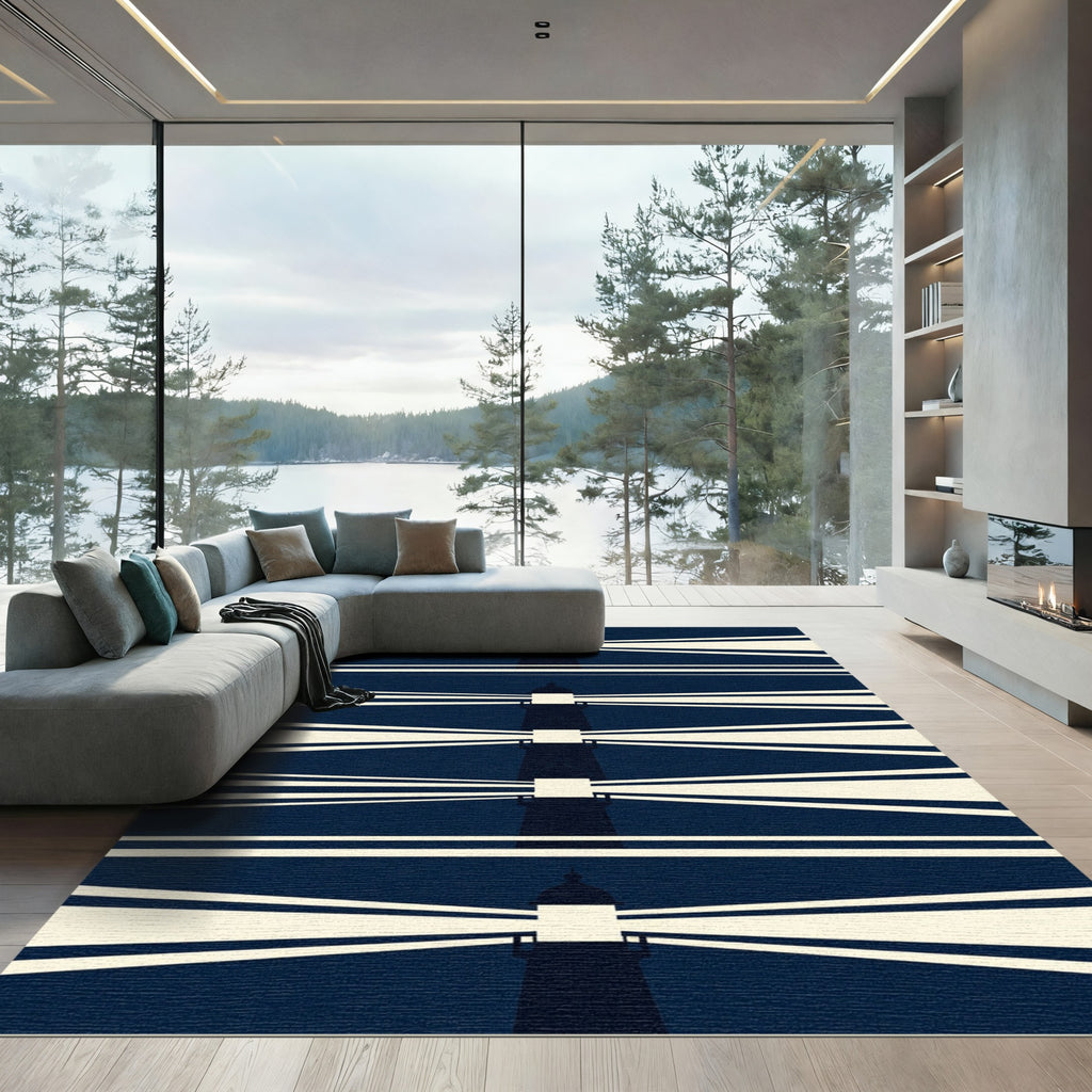 Minimalist Dark Blue Abstract Lighthouse Alignment Rug