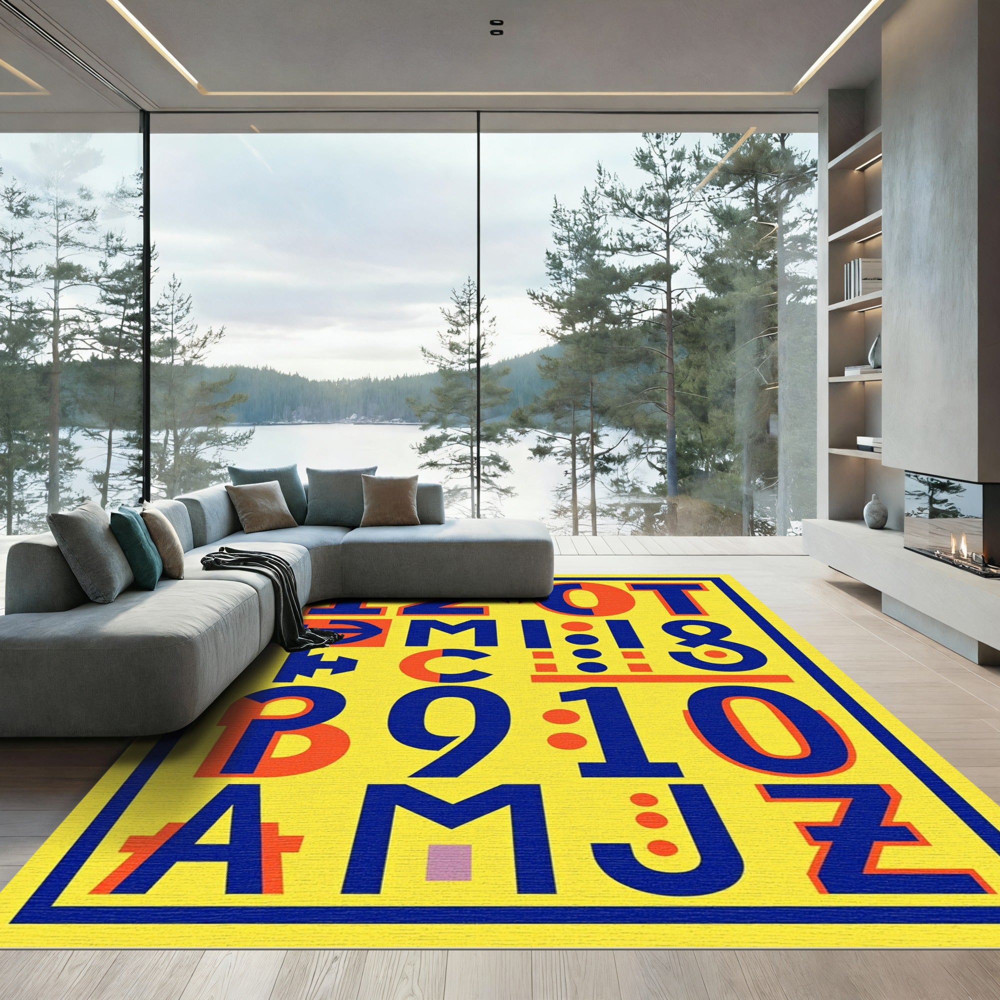 Bold Yellow Blue Orange Typographic Collage Rug