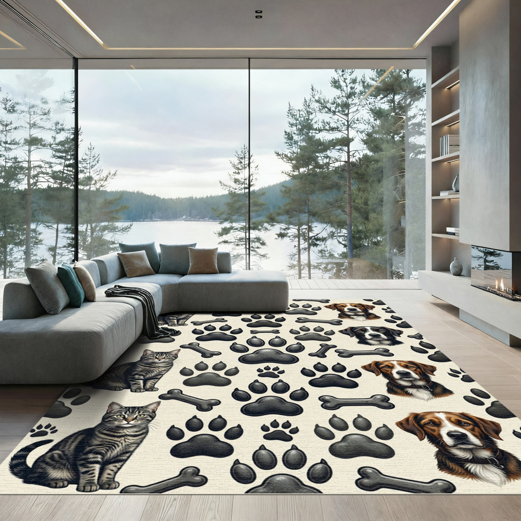 Playful Cream Cat and Dog Silhouette Rug