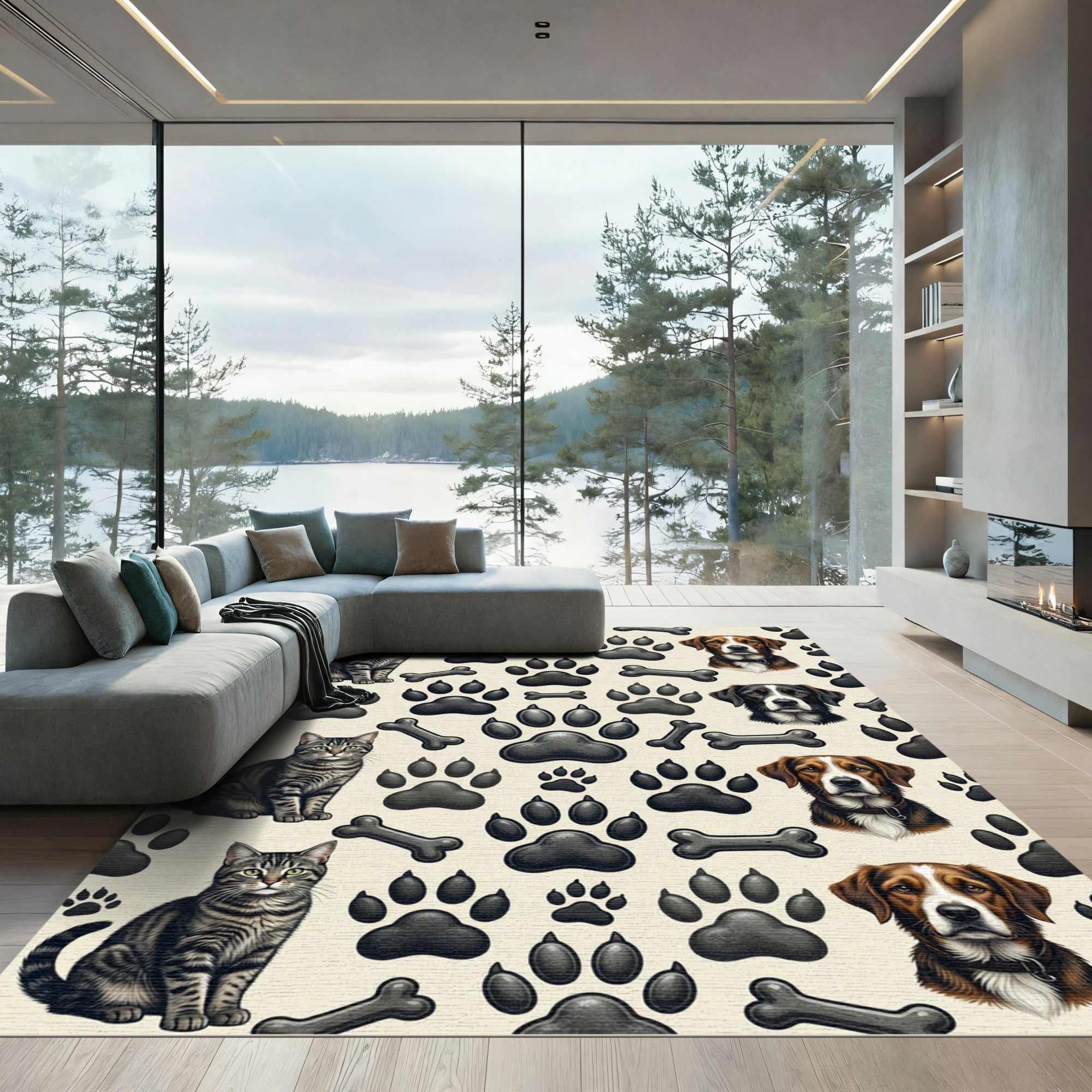 Playful Cream Cat and Dog Silhouette Rug