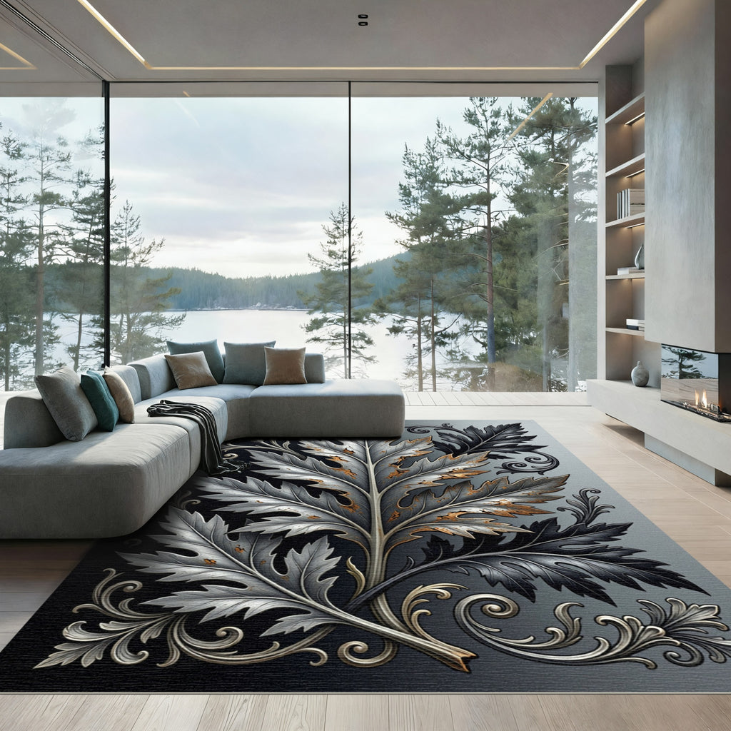 Metallic Silver Iron Acanthus Leaf Scroll Rug