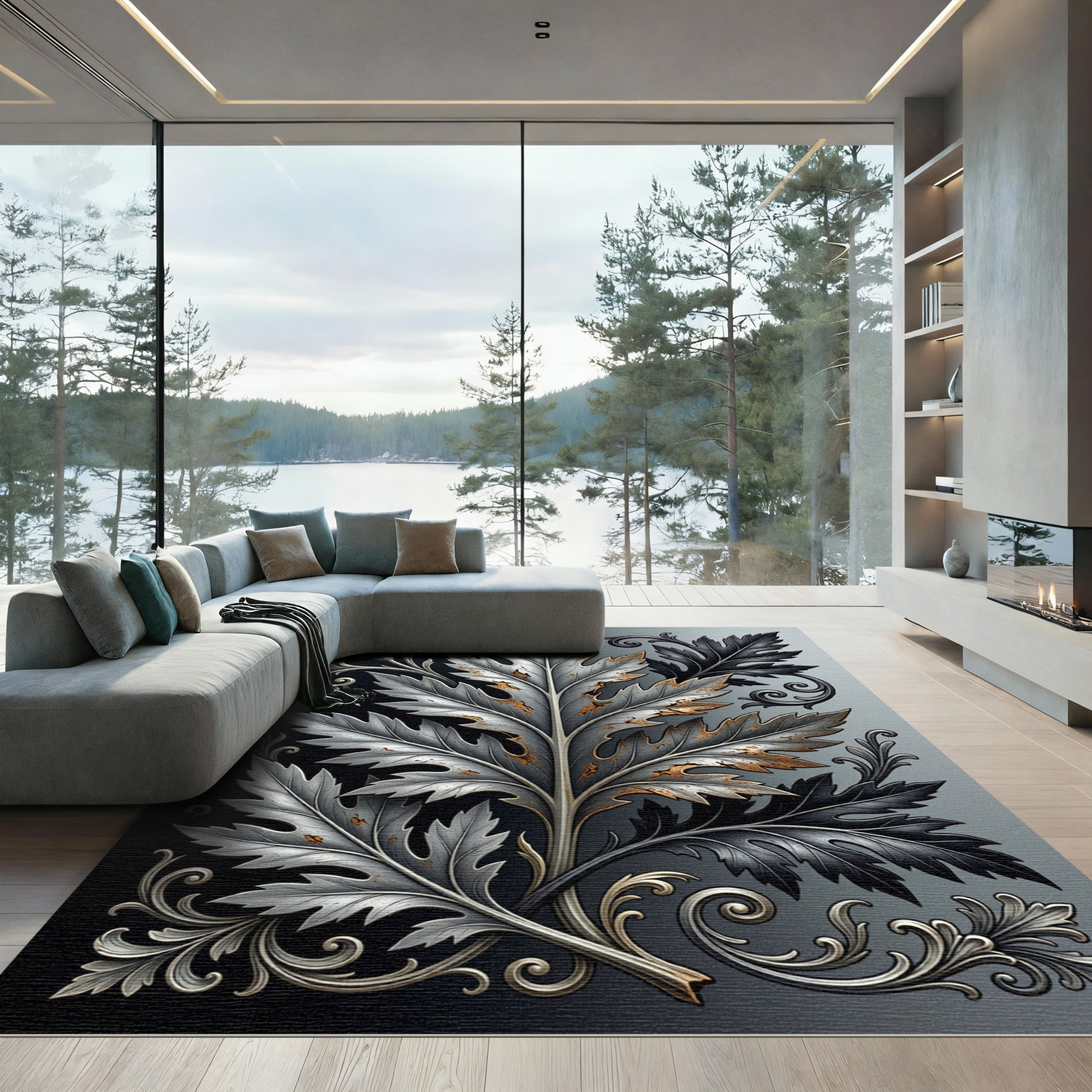 Metallic Silver Iron Acanthus Leaf Scroll Rug