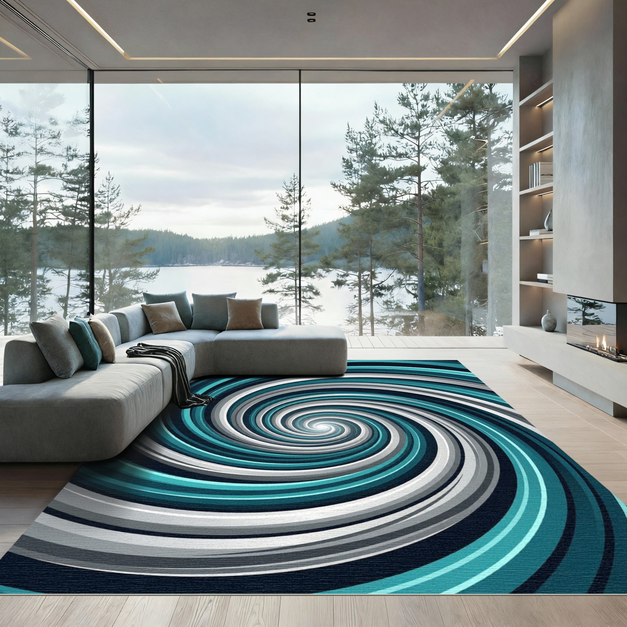Modern Teal and Silver Swirl Vortex Rug