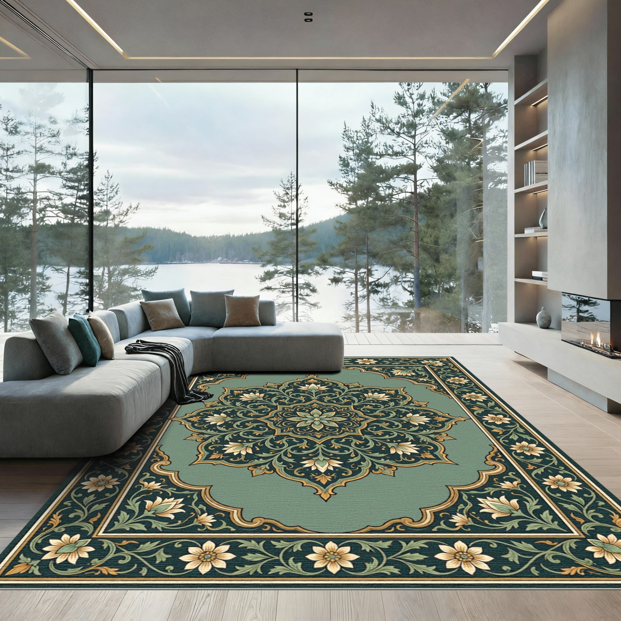 Jade Green Floral Medallion Ornament Rug