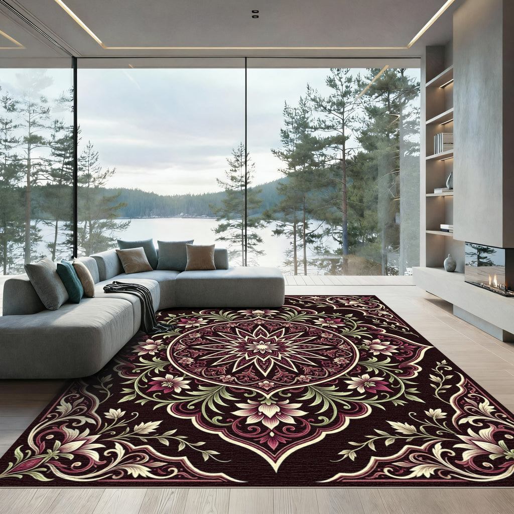 Deep Crimson Floral Medallion Rug