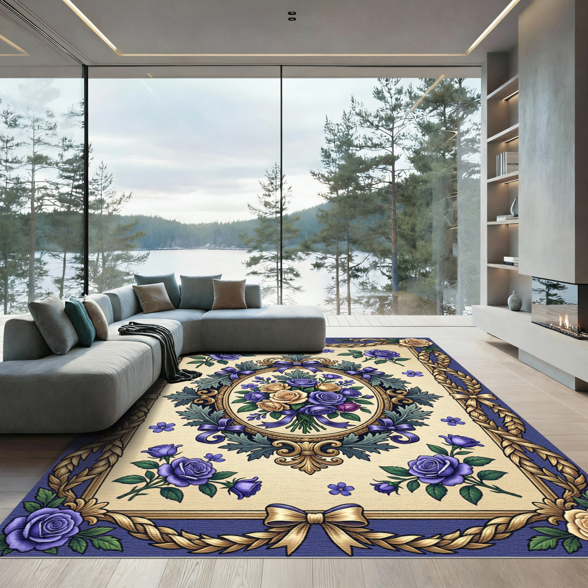 Lavish Royal Blue Rose Garland Rug