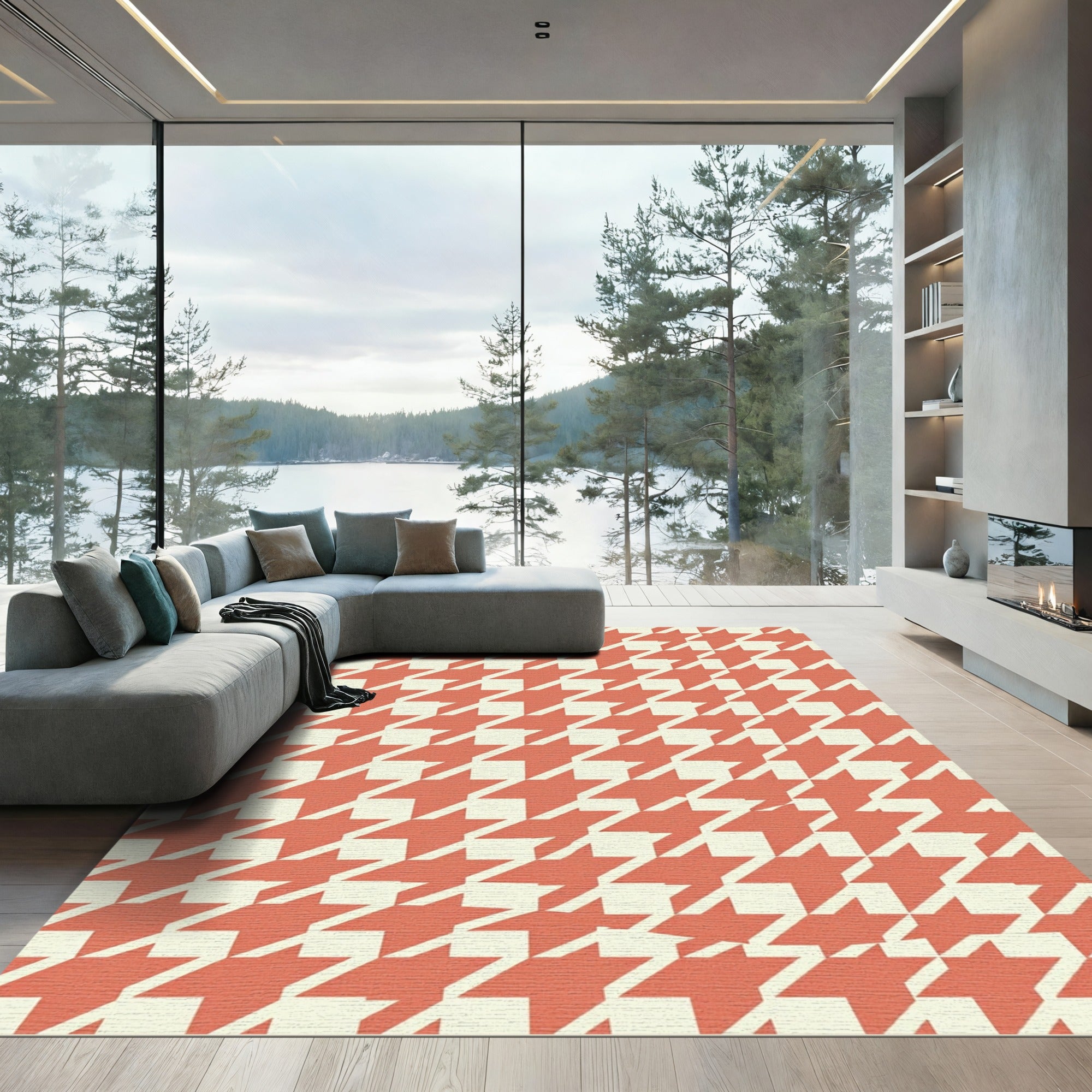 Coral Houndstooth Overlay Rug