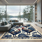 Vintage Blue Rooster Farmhouse Folk Art Rug