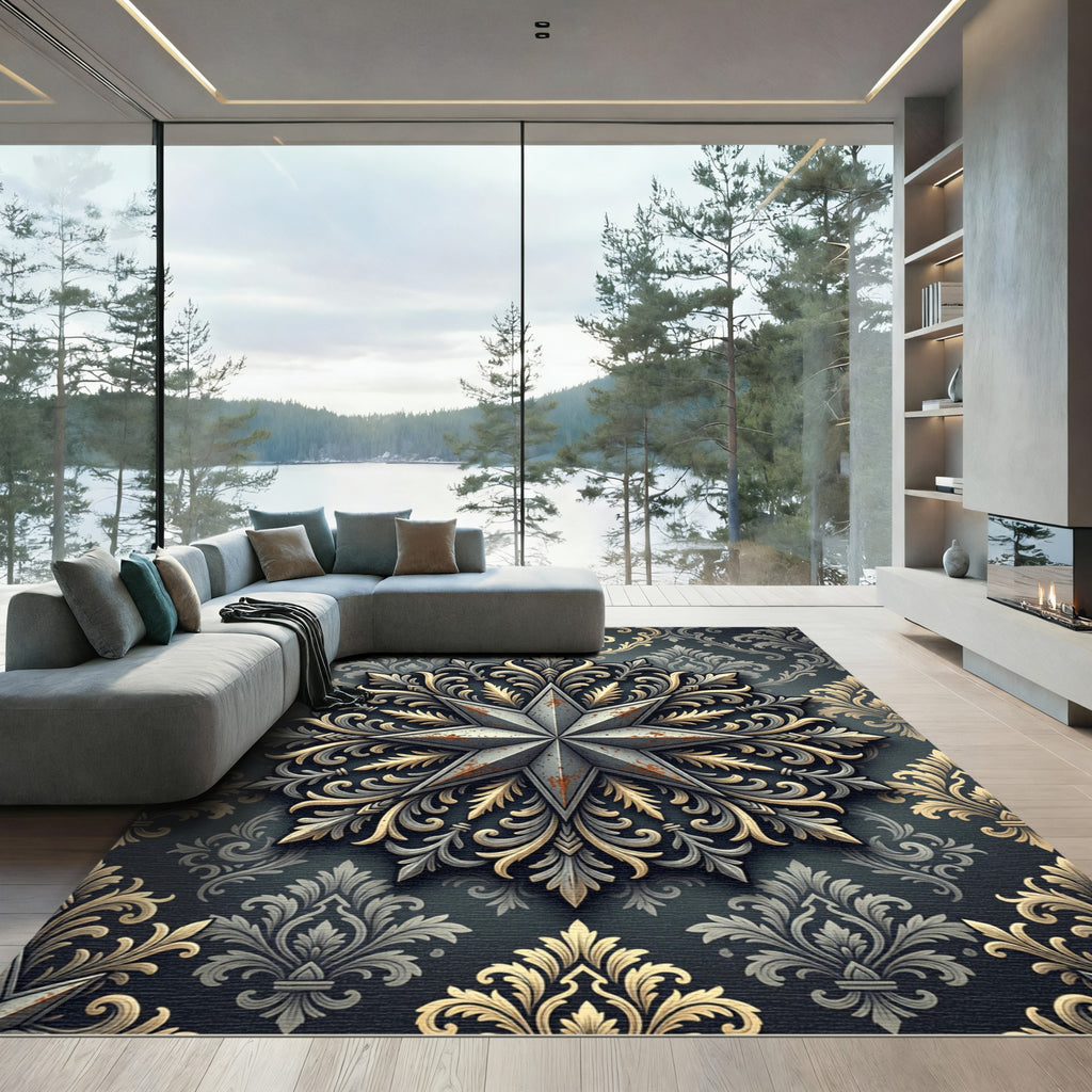 Metallic Star Damask Gold Gray Rug