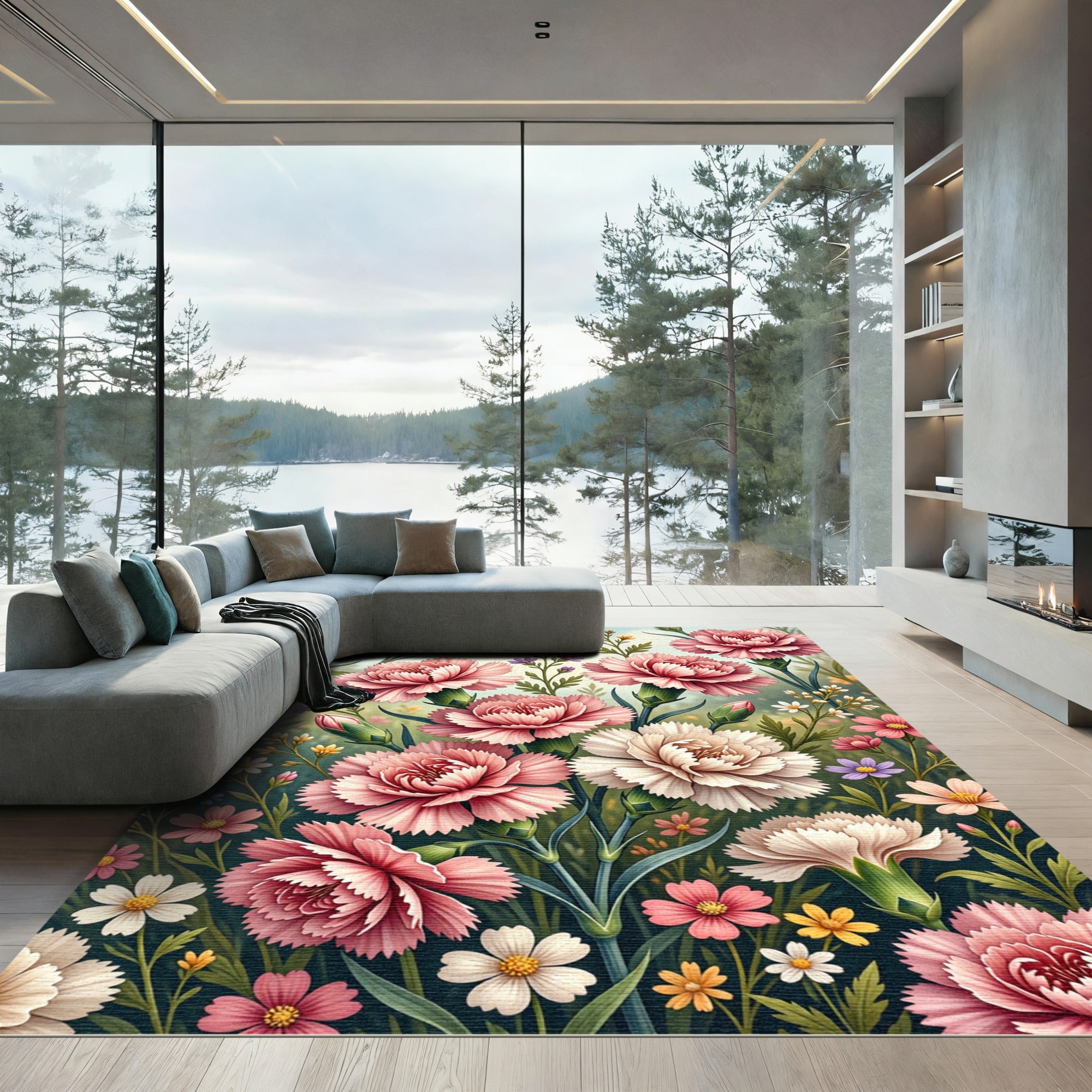 Lush Pink Carnation Floral Meadow Rug