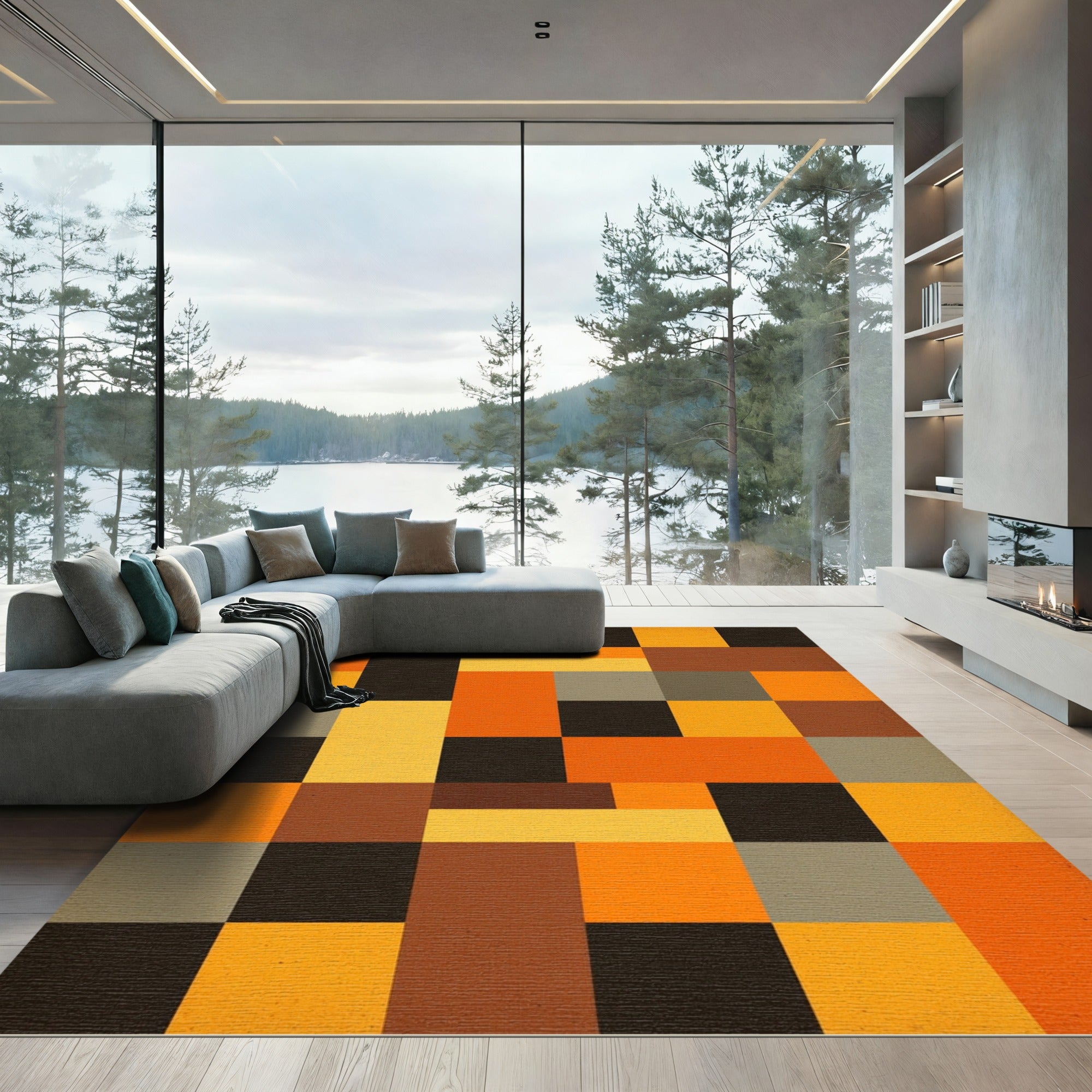 Modern Geometric Earth Tone Grid Rug