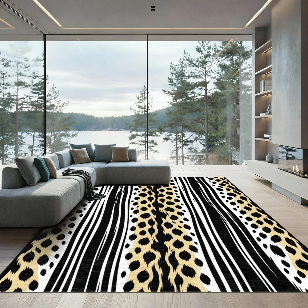 Leopard Stripe Black White Gold Accents Rug
