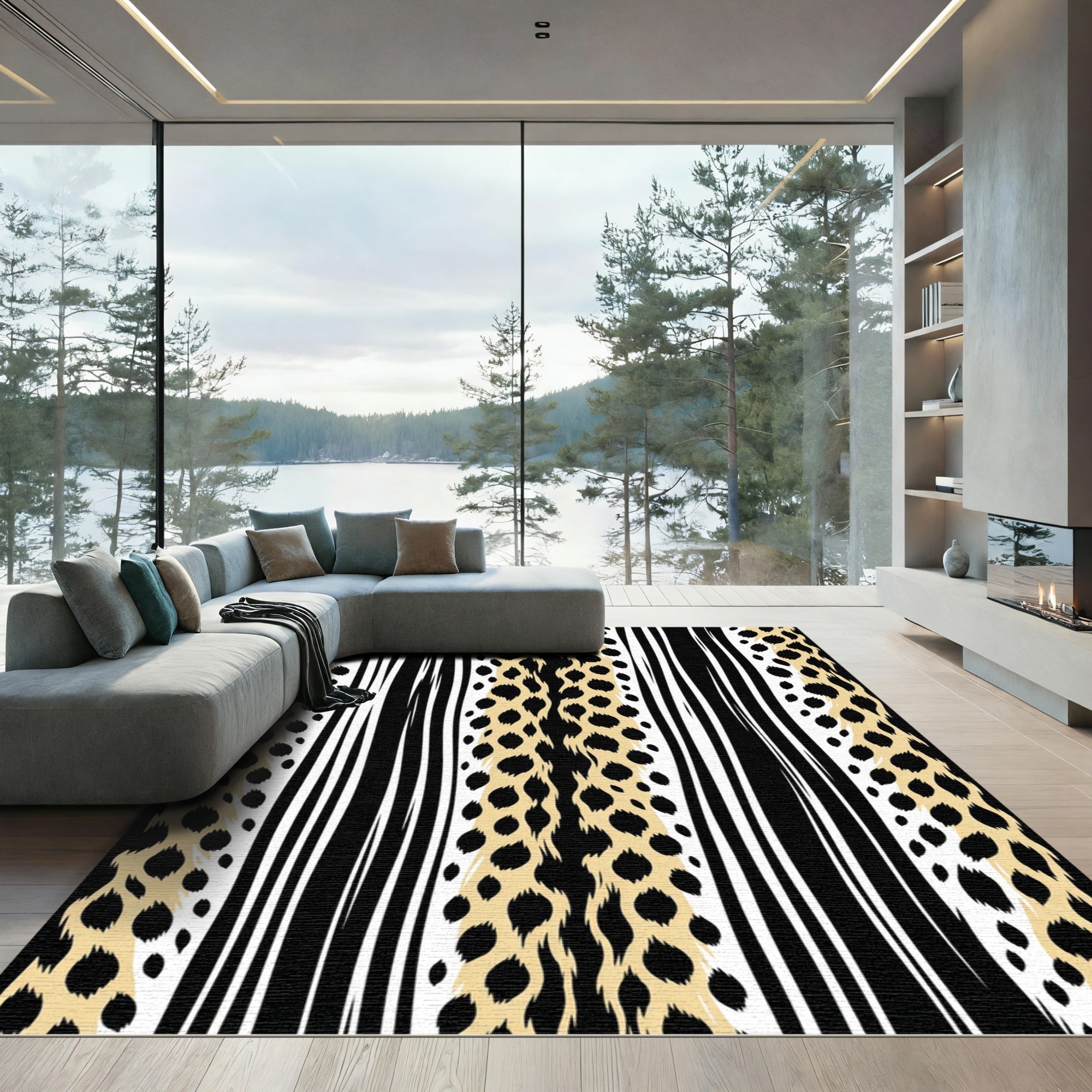 Leopard Stripe Black White Gold Accents Rug
