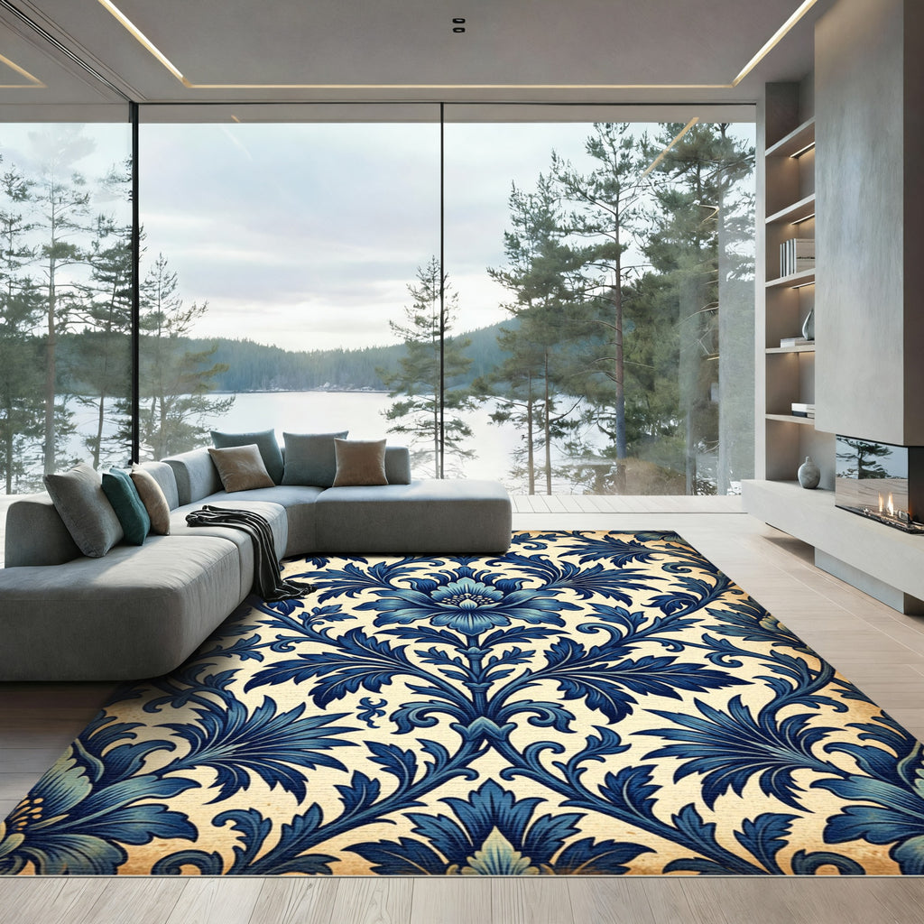 Ornate Cobalt Floral Damask Rug