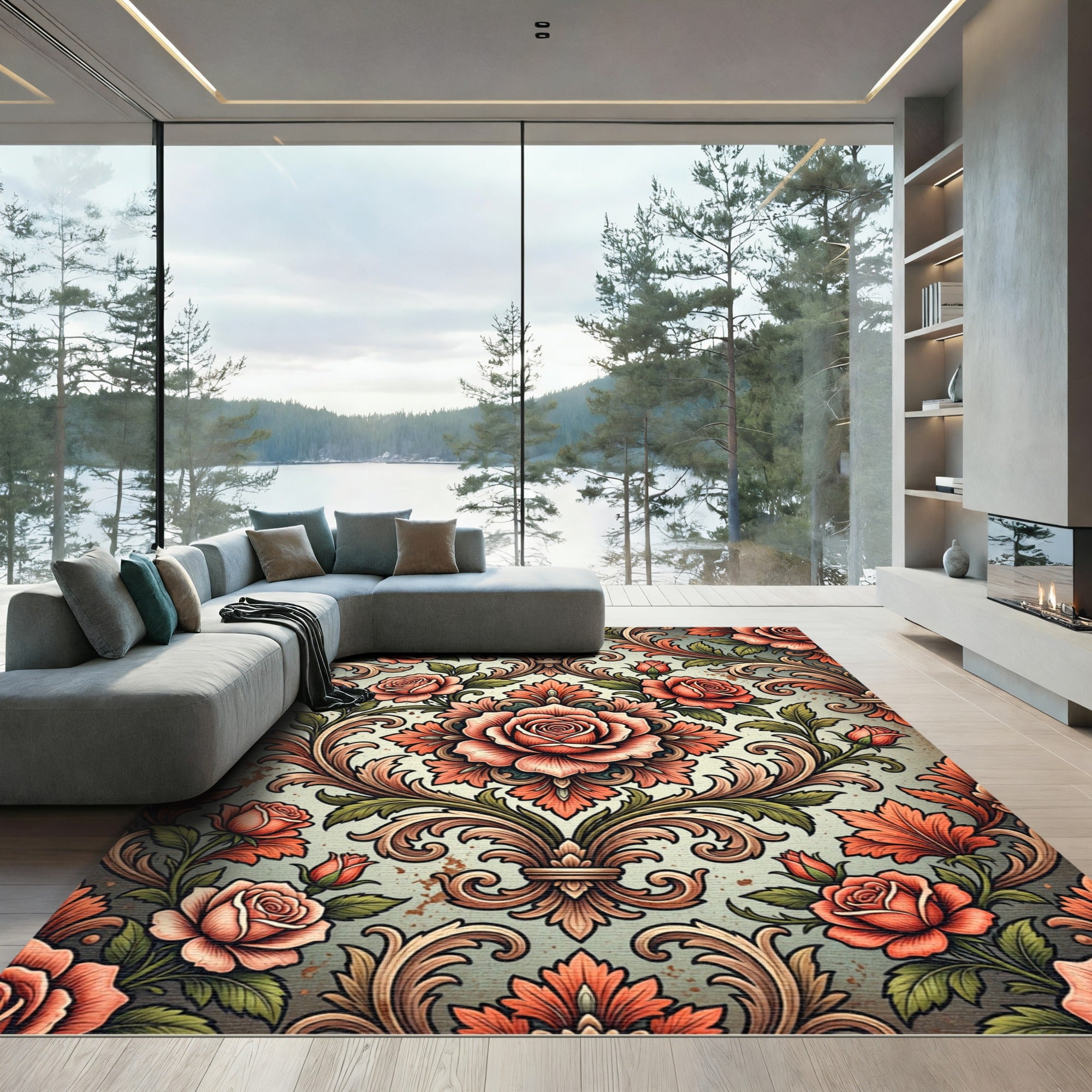 Vintage Salmon Rose Acanthus Scroll Rug