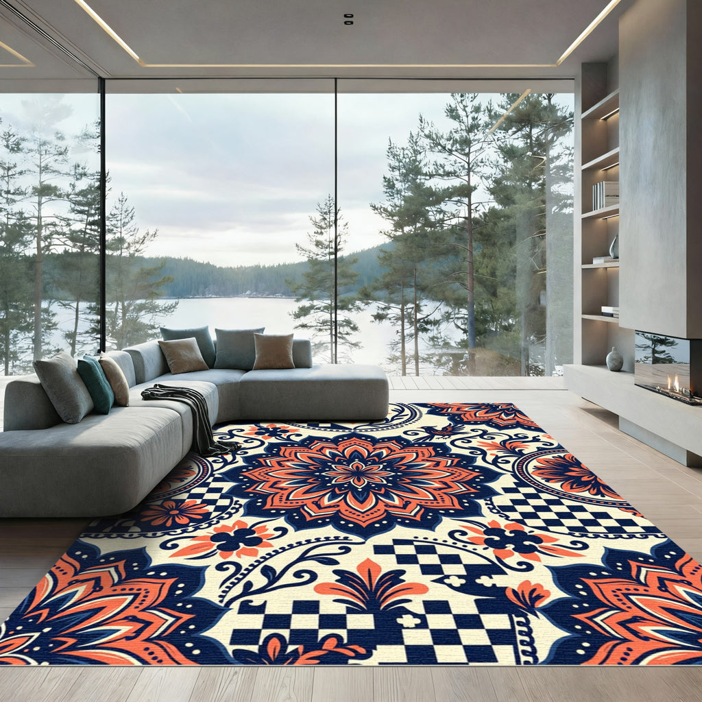 Navy Orange Floral Checkered Mandala Rug