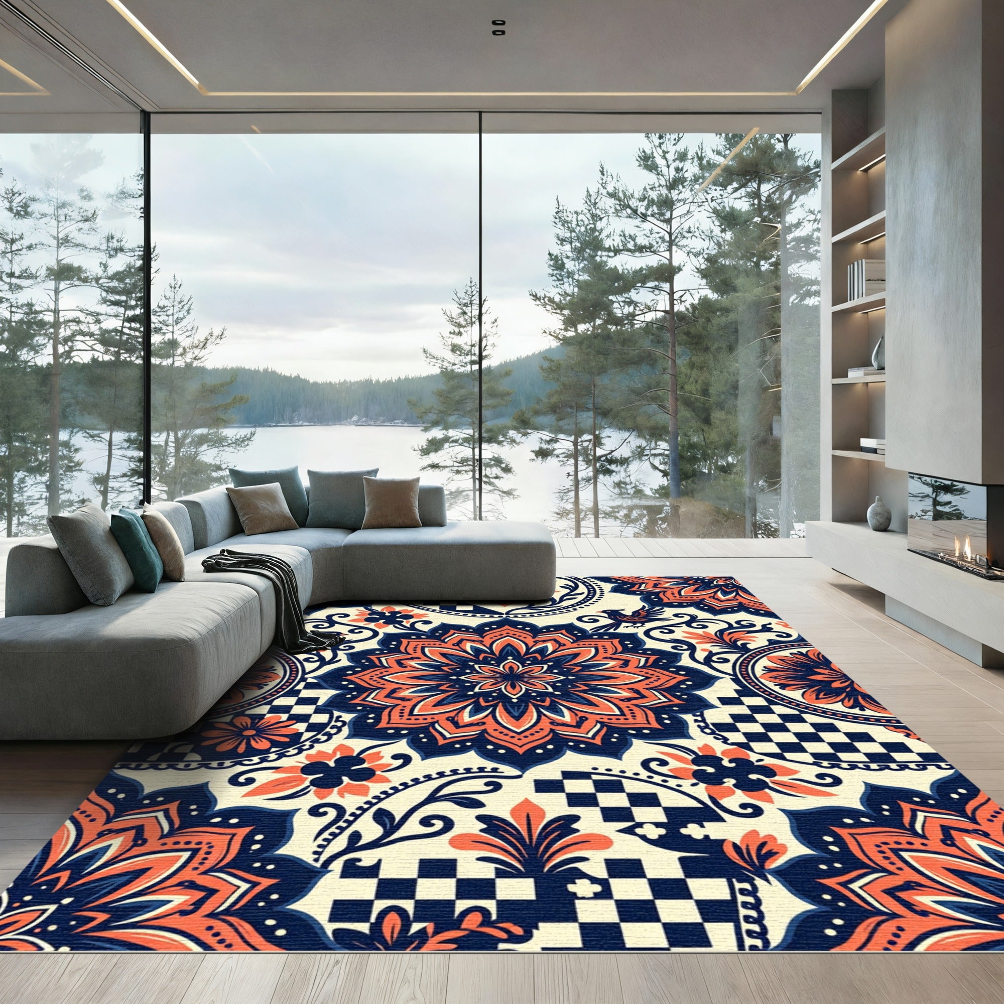 Navy Orange Floral Checkered Mandala Rug